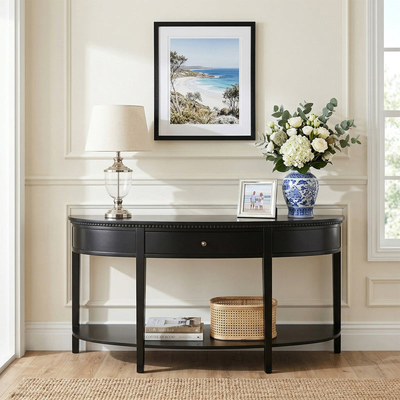 New England Hamptons Half-Moon Curve Hallway Console Table Dentil Molding Design