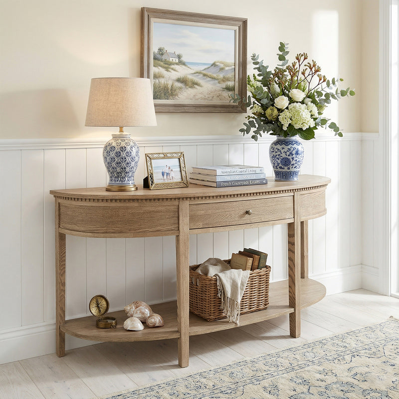 New England Hamptons Half-Moon Curve Hallway Console Table Dentil Molding Design