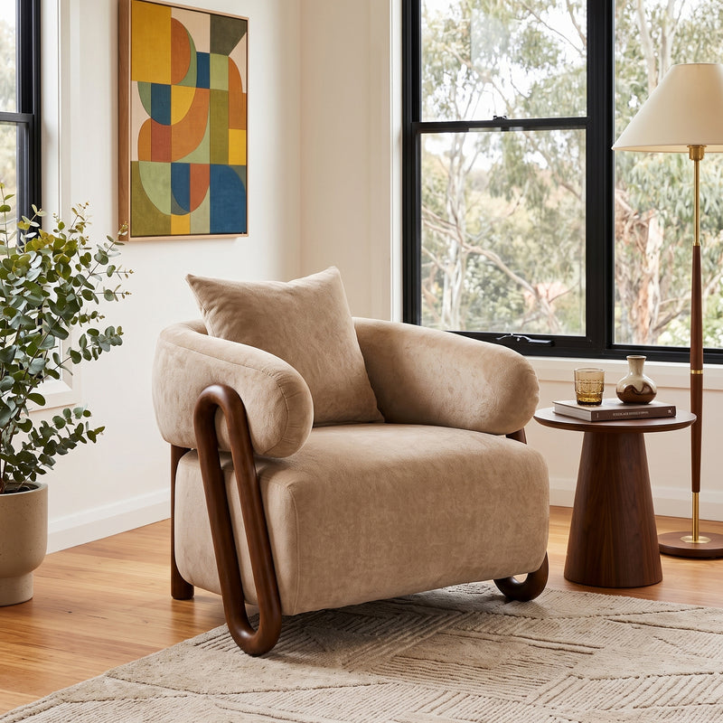 Luna Loop Boucle Armchair with Wooden Armrest in Afternoon Brown / Butter Cream