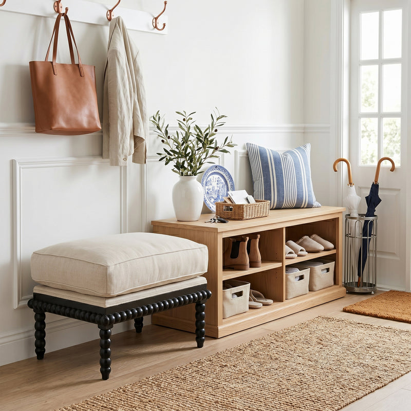 Hamptons Coastal Bobbin Line and Timber Ottoman Stool