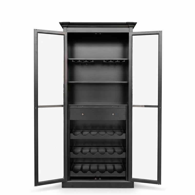 Hamptons Glass Door Display Wine Bar & Drink Cabinet with Storage, Wine Rack, Glass Holders & Pull-Out Trays 110cm Wide