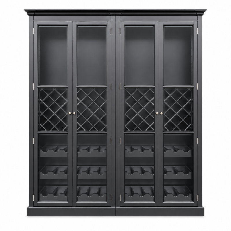Hamptons Glass Door Display Wine Bar & Drink Cabinet with Storage, Lattice Wine Rack,Glass Holders & Bottle Trays 110cm Wide