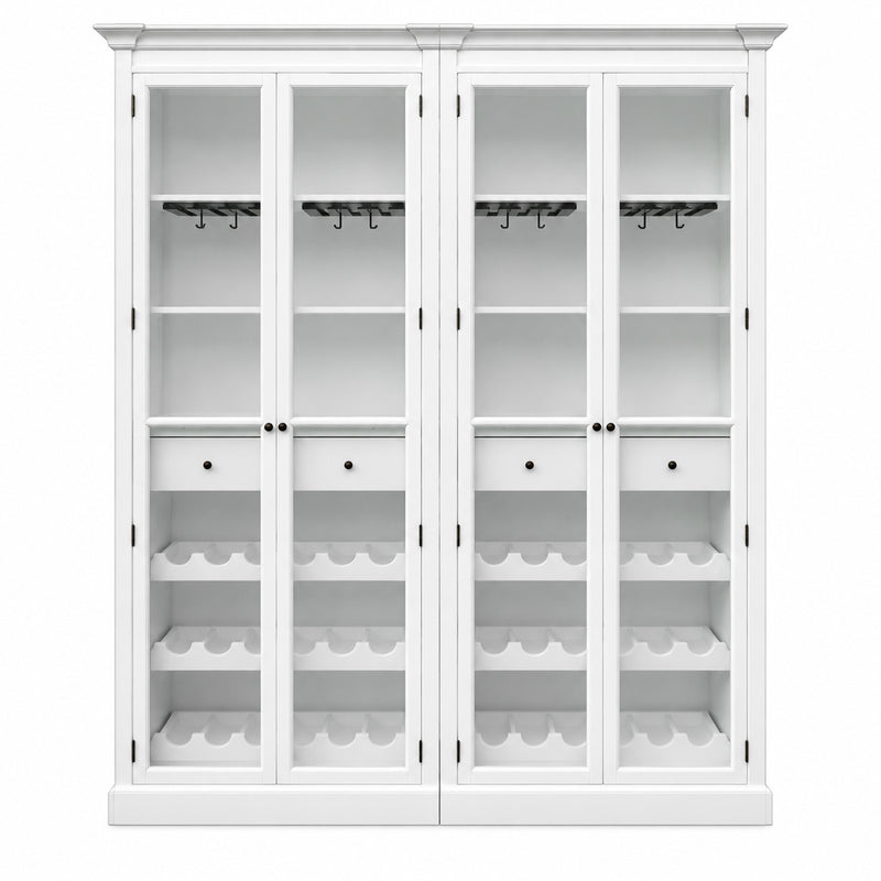 Hamptons Glass Door Display Wine Bar & Drink Cabinet with Storage, Wine Rack, Glass Holders & Pull-Out Trays 110cm Wide