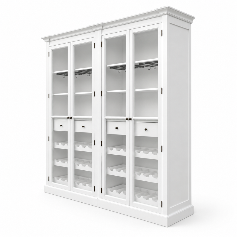 Hamptons Glass Door Display Wine Bar & Drink Cabinet with Storage, Wine Rack, Glass Holders & Pull-Out Trays 110cm Wide