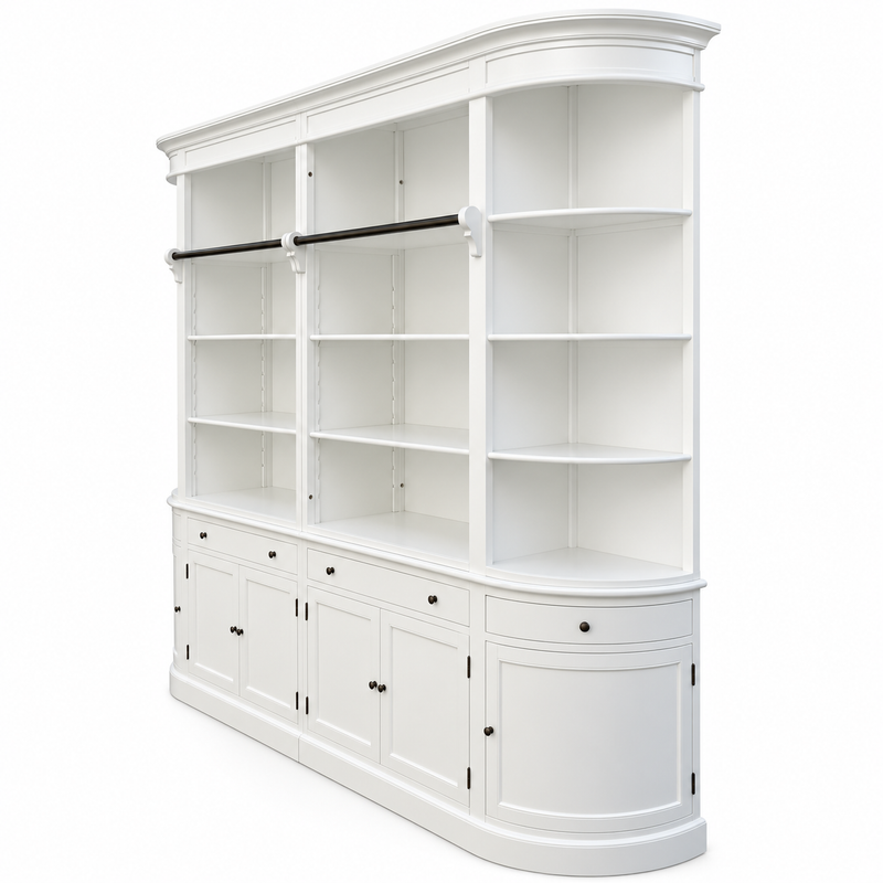 French Provincial Grand Library Bookcase Cabinet with Ladder & Curved Side Detailing Display