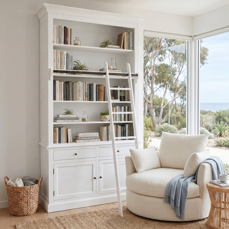 Hamptons Halifax Open Extendable Bookcase with Ladder 250-368cm