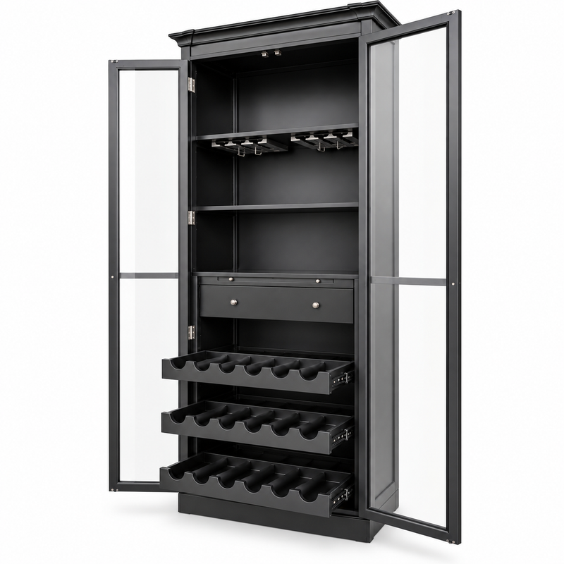 Hamptons Glass Door Display Wine Bar & Drink Cabinet with Storage, Wine Rack, Glass Holders & Pull-Out Trays 110cm Wide
