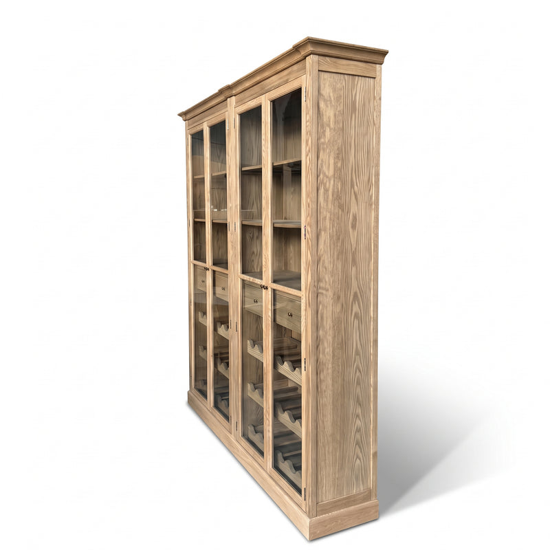 Hamptons Glass Door Display Wine Bar & Drink Cabinet with Storage, Wine Rack, Glass Holders & Pull-Out Trays 110cm Wide