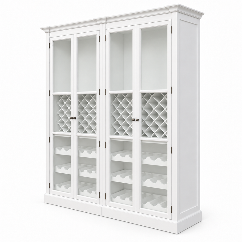 Hamptons Glass Door Display Wine Bar & Drink Cabinet with Storage, Lattice Wine Rack,Glass Holders & Bottle Trays 110cm Wide