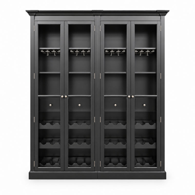Hamptons Glass Door Display Wine Bar & Drink Cabinet with Storage, Wine Rack, Glass Holders & Pull-Out Trays 110cm Wide