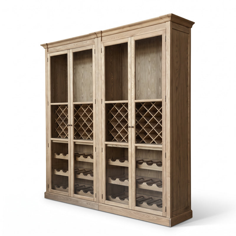 Hamptons Glass Door Display Wine Bar & Drink Cabinet with Storage, Lattice Wine Rack,Glass Holders & Bottle Trays 110cm Wide