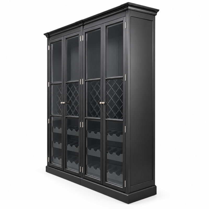 Hamptons Glass Door Display Wine Bar & Drink Cabinet with Storage, Lattice Wine Rack,Glass Holders & Bottle Trays 110cm Wide