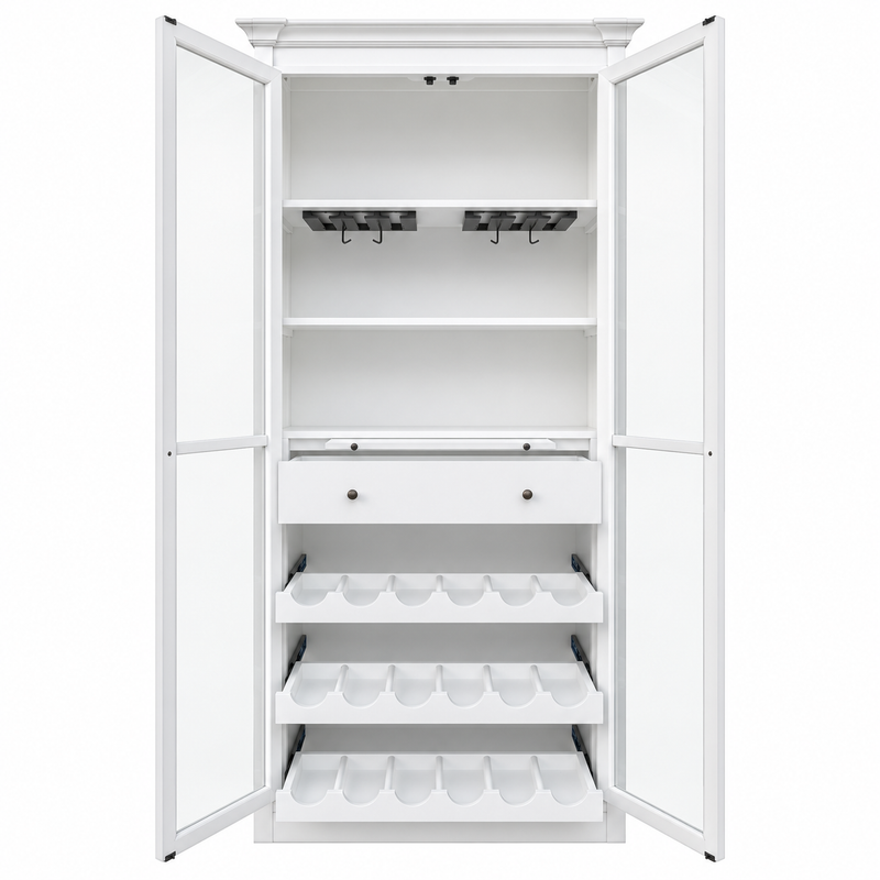 Hamptons Glass Door Display Wine Bar & Drink Cabinet with Storage, Wine Rack, Glass Holders & Pull-Out Trays 110cm Wide