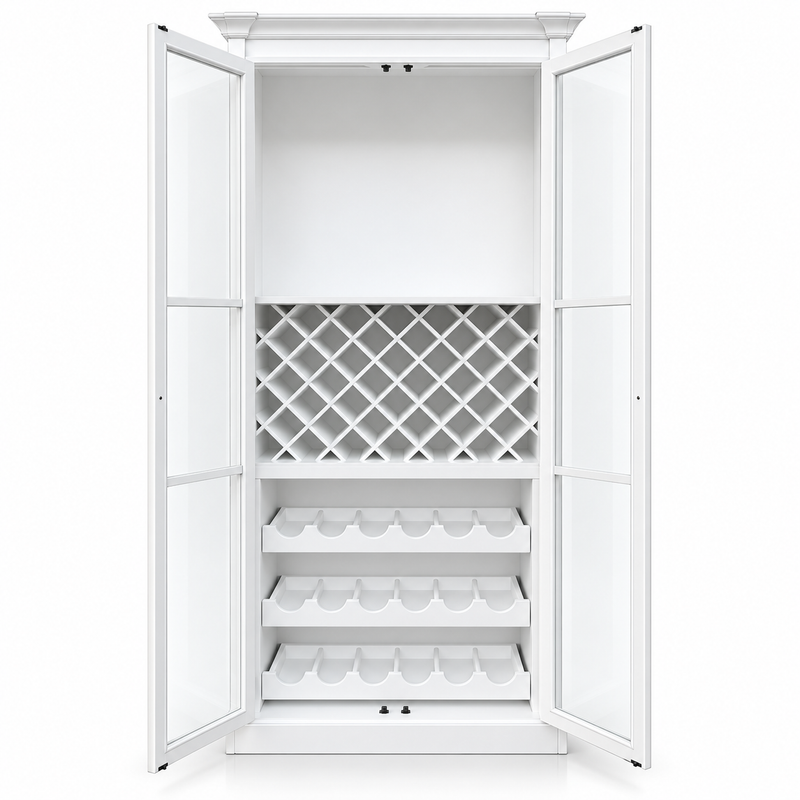 Hamptons Glass Door Display Wine Bar & Drink Cabinet with Storage, Lattice Wine Rack,Glass Holders & Bottle Trays 110cm Wide