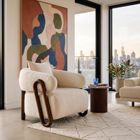 Luna Loop Boucle Armchair with Wooden Armrest in Afternoon Brown / Butter Cream