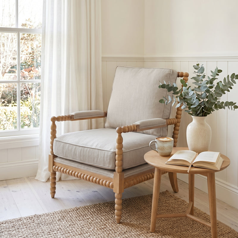 Hamptons Coastal Bobbin Linen and Timber Armchair