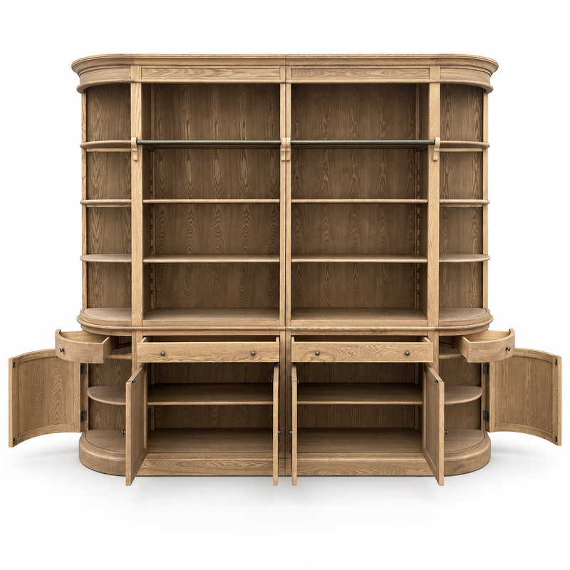 French Provincial Grand Library Bookcase Cabinet with Ladder & Curved Side Detailing Display