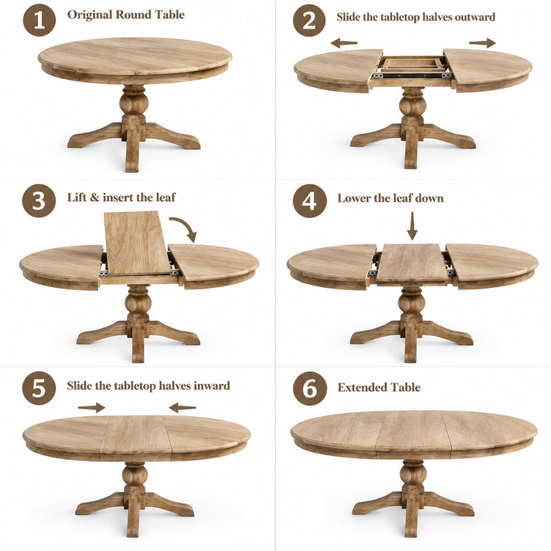 French Provincial Farmhouse 140-180cm Pedestal Extendable Round Dining Table ASH Wood