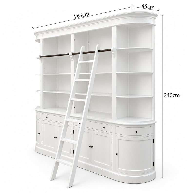 French Provincial Grand Library Bookcase Cabinet with Ladder & Curved Side Detailing Display