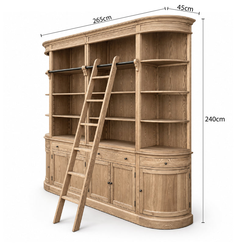 French Provincial Grand Library Bookcase Cabinet with Ladder & Curved Side Detailing Display