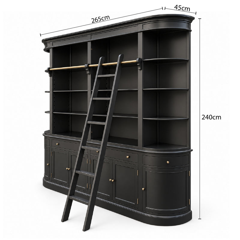 French Provincial Grand Library Bookcase Cabinet with Ladder & Curved Side Detailing Display