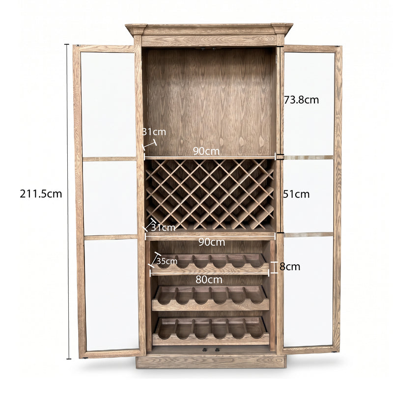 Hamptons Glass Door Display Wine Bar & Drink Cabinet with Storage, Lattice Wine Rack,Glass Holders & Bottle Trays 110cm Wide