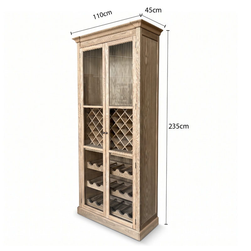 Hamptons Glass Door Display Wine Bar & Drink Cabinet with Storage, Lattice Wine Rack,Glass Holders & Bottle Trays 110cm Wide