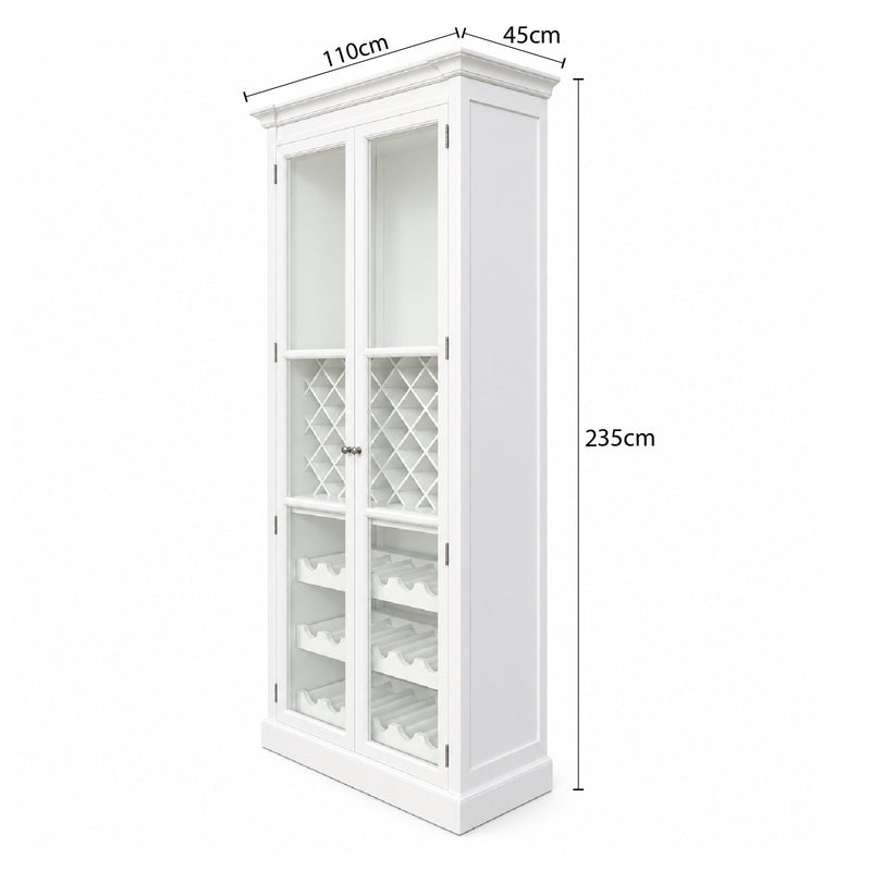 Hamptons Glass Door Display Wine Bar & Drink Cabinet with Storage, Lattice Wine Rack,Glass Holders & Bottle Trays 110cm Wide