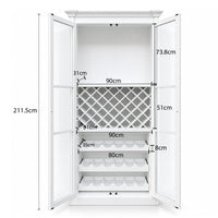 Hamptons Glass Door Display Wine Bar & Drink Cabinet with Storage, Lattice Wine Rack,Glass Holders & Bottle Trays 110cm Wide