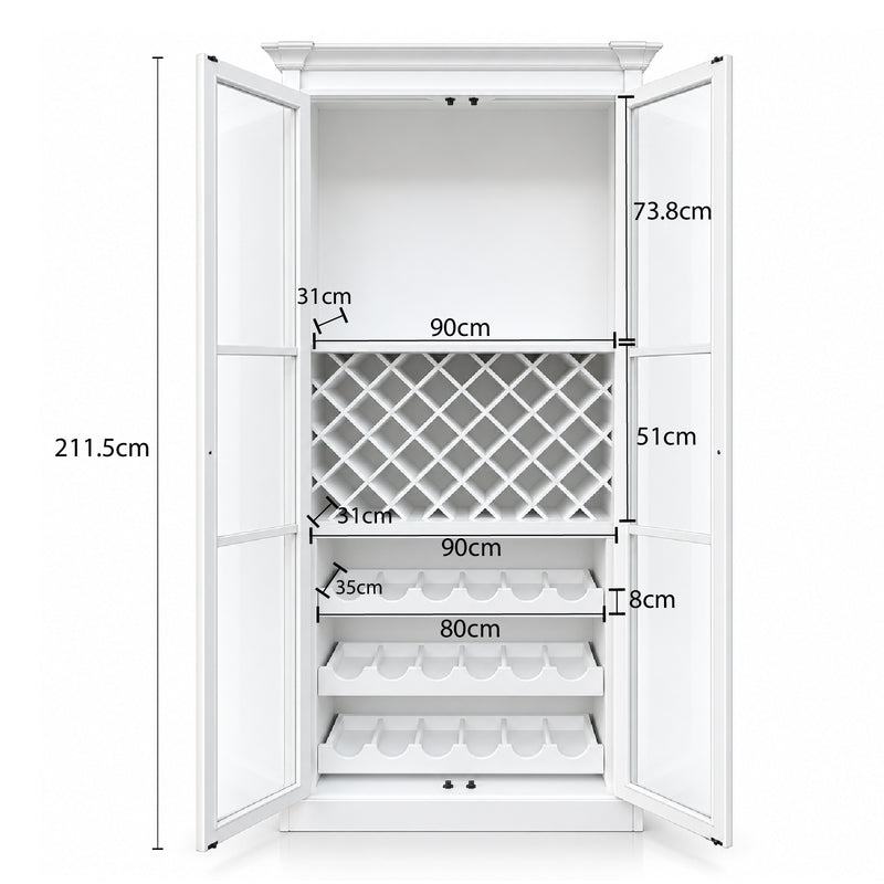 Hamptons Glass Door Display Wine Bar & Drink Cabinet with Storage, Lattice Wine Rack,Glass Holders & Bottle Trays 110cm Wide