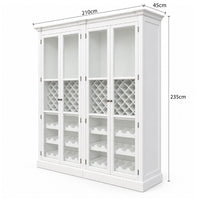 Hamptons Glass Door Display Wine Bar & Drink Cabinet with Storage, Lattice Wine Rack,Glass Holders & Bottle Trays 110cm Wide