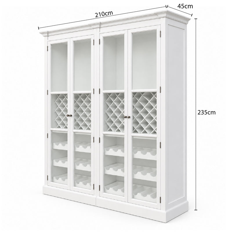 Hamptons Glass Door Display Wine Bar & Drink Cabinet with Storage, Lattice Wine Rack,Glass Holders & Bottle Trays 110cm Wide