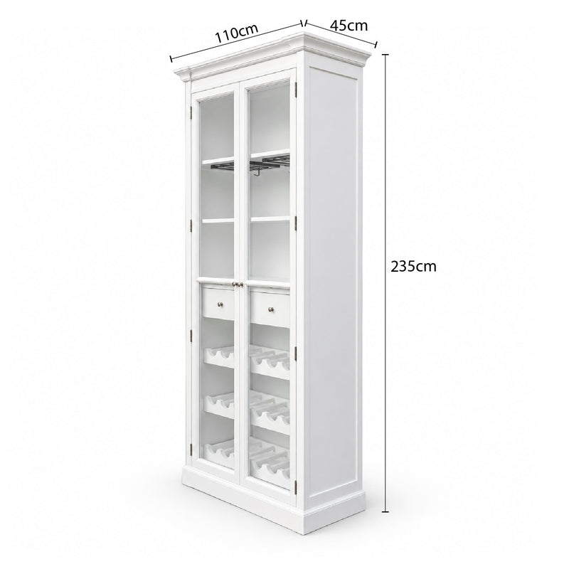 Hamptons Glass Door Display Wine Bar & Drink Cabinet with Storage, Wine Rack, Glass Holders & Pull-Out Trays 110cm Wide