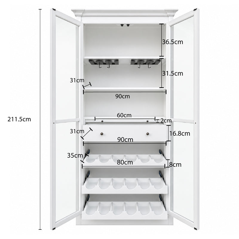 Hamptons Glass Door Display Wine Bar & Drink Cabinet with Storage, Wine Rack, Glass Holders & Pull-Out Trays 110cm Wide