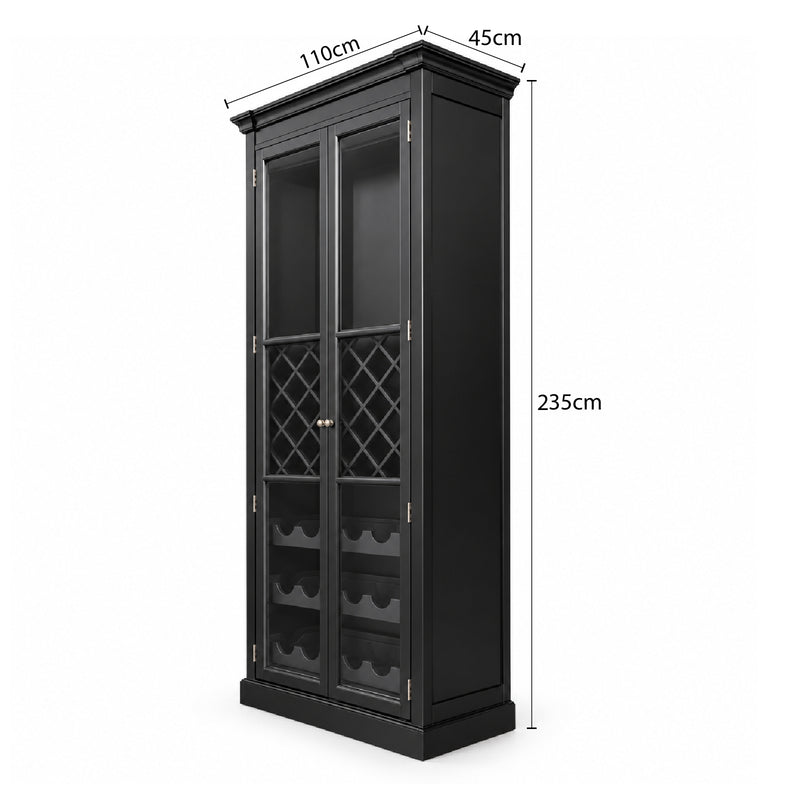 Hamptons Glass Door Display Wine Bar & Drink Cabinet with Storage, Lattice Wine Rack,Glass Holders & Bottle Trays 110cm Wide