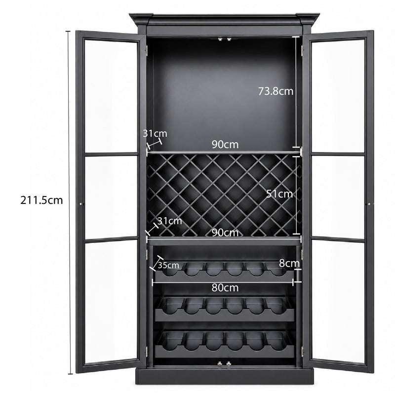 Hamptons Glass Door Display Wine Bar & Drink Cabinet with Storage, Lattice Wine Rack,Glass Holders & Bottle Trays 110cm Wide
