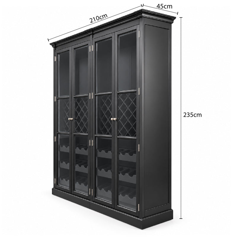 Hamptons Glass Door Display Wine Bar & Drink Cabinet with Storage, Lattice Wine Rack,Glass Holders & Bottle Trays 110cm Wide