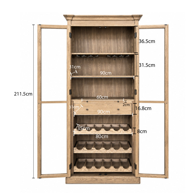 Hamptons Glass Door Display Wine Bar & Drink Cabinet with Storage, Wine Rack, Glass Holders & Pull-Out Trays 110cm Wide