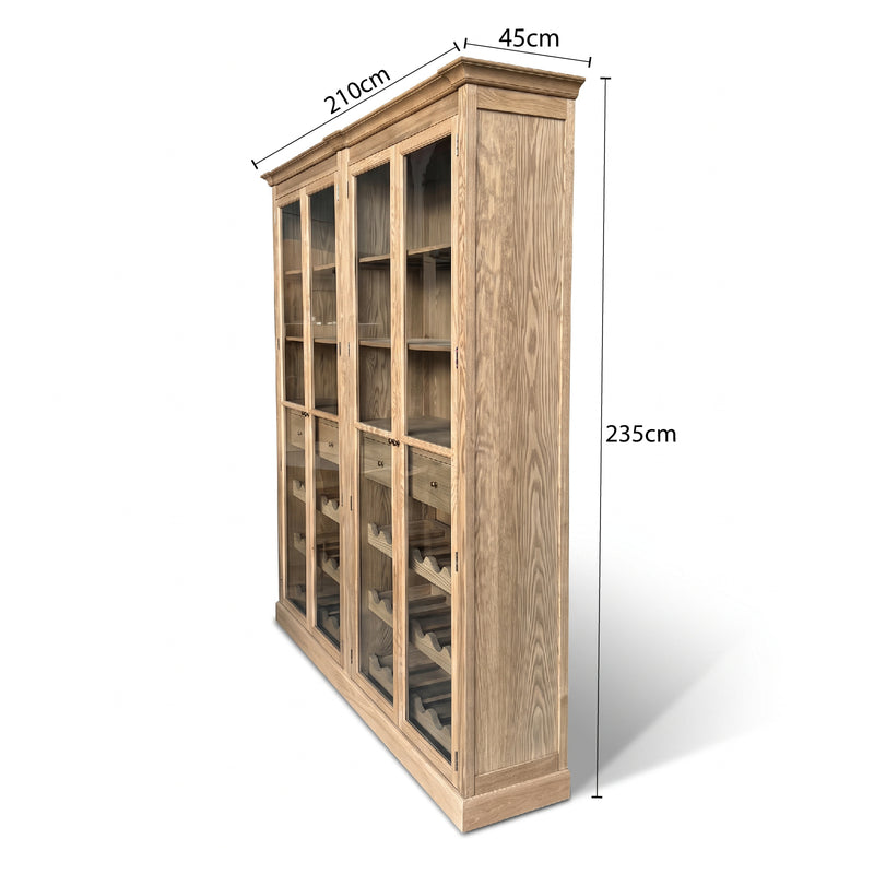 Hamptons Glass Door Display Wine Bar & Drink Cabinet with Storage, Wine Rack, Glass Holders & Pull-Out Trays 110cm Wide