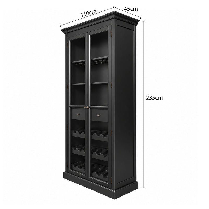 Hamptons Glass Door Display Wine Bar & Drink Cabinet with Storage, Wine Rack, Glass Holders & Pull-Out Trays 110cm Wide