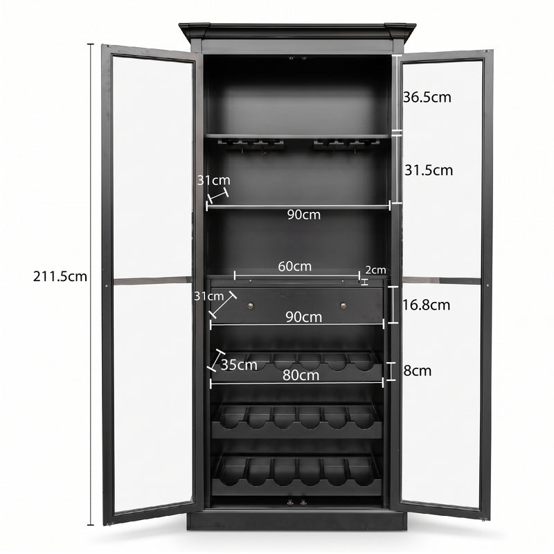 Hamptons Glass Door Display Wine Bar & Drink Cabinet with Storage, Wine Rack, Glass Holders & Pull-Out Trays 110cm Wide