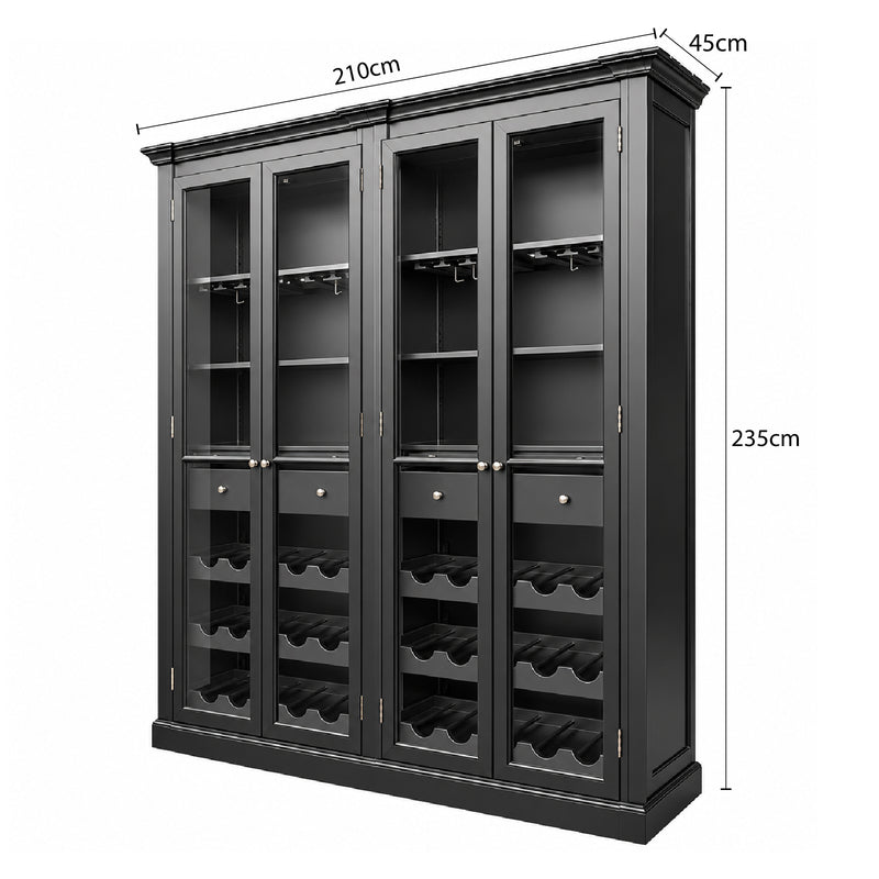 Hamptons Glass Door Display Wine Bar & Drink Cabinet with Storage, Wine Rack, Glass Holders & Pull-Out Trays 110cm Wide