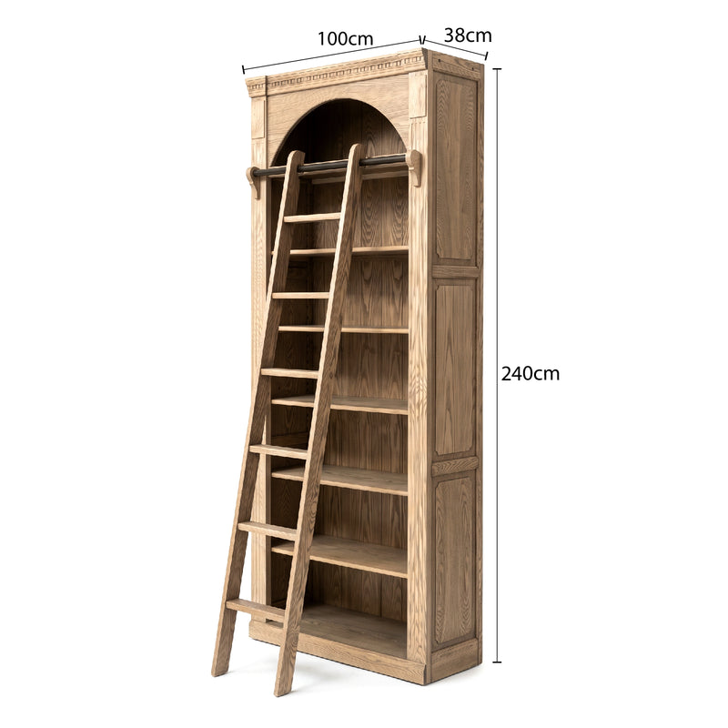 Hamptons Heritage Open Library Arched Extendable Bookshelf/Bookcase with Ladder 100cm - 300cm Wide