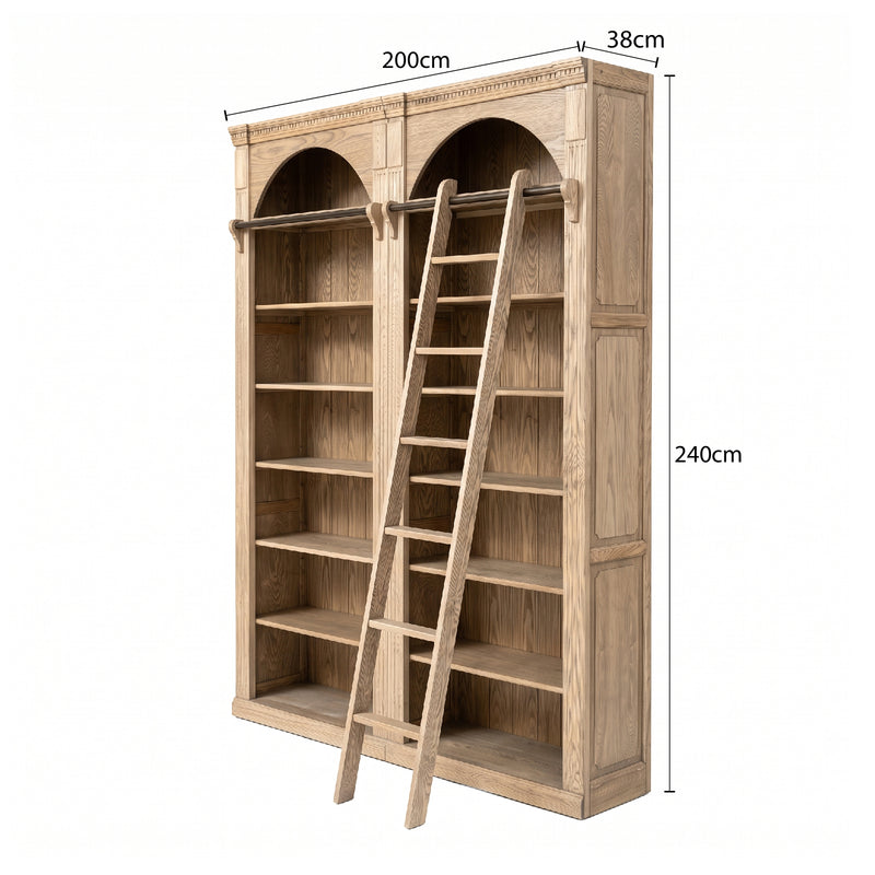 Hamptons Heritage Open Library Arched Extendable Bookshelf/Bookcase with Ladder 100cm - 300cm Wide