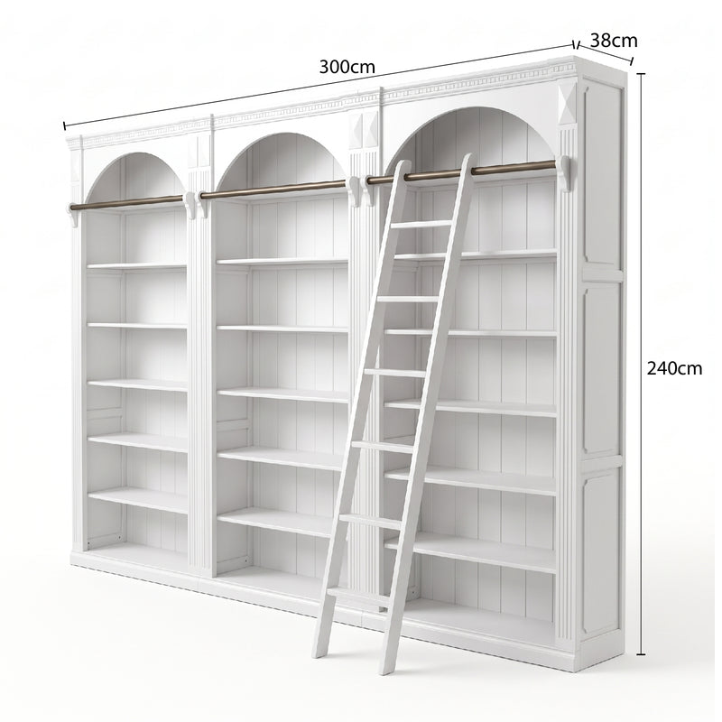 Hamptons Heritage Open Library Arched Extendable Bookshelf/Bookcase with Ladder 100cm - 300cm Wide