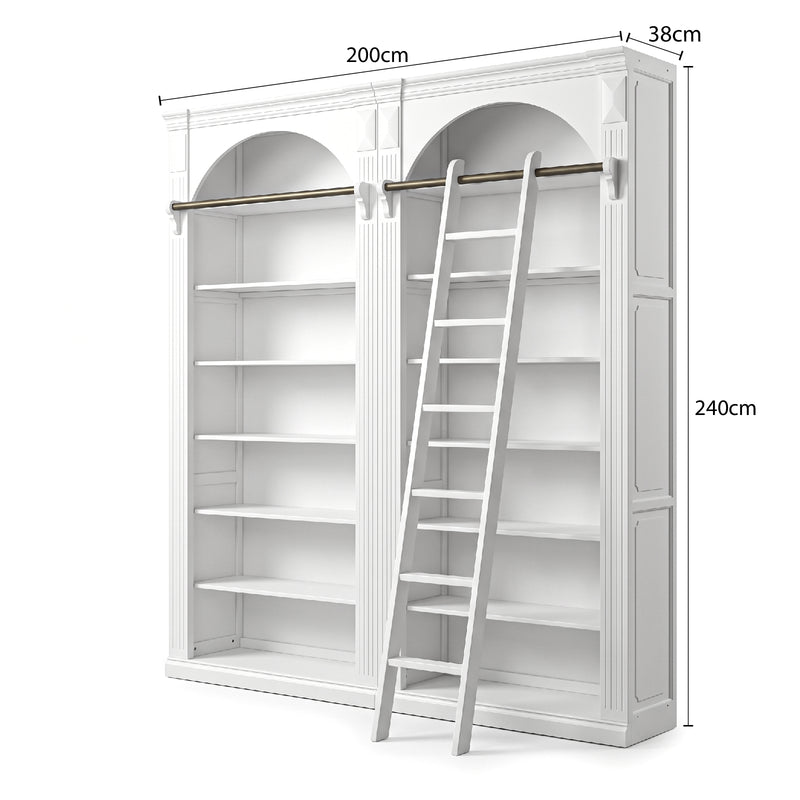 Hamptons Heritage Open Library Arched Extendable Bookshelf/Bookcase with Ladder 100cm - 300cm Wide
