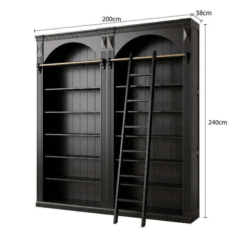 Hamptons Heritage Open Library Arched Extendable Bookshelf/Bookcase with Ladder 100cm - 300cm Wide