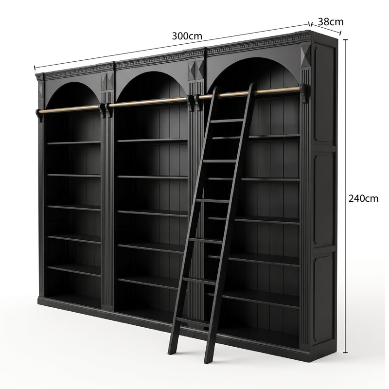 Hamptons Heritage Open Library Arched Extendable Bookshelf/Bookcase with Ladder 100cm - 300cm Wide