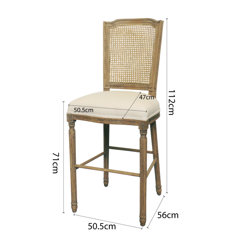 French Provincial Louis Rattan Natural Oak Upholstered Bar Stool