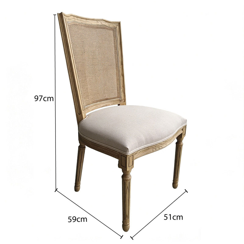 Set of 2 French Provincial / Hamptons Classic Oak Dining Chair with Natural Rattan Cane Back & Beige White Cushion